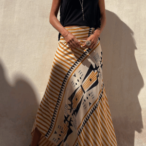 Eva Satin Geometric Print Elastic Waist Maxi Skirt